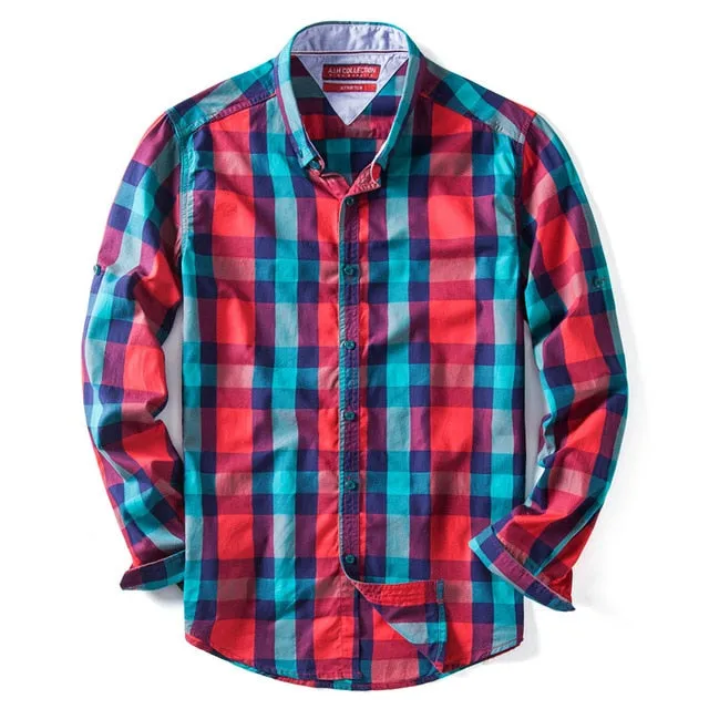 100% COTTON PLAID SHIRT TOP QUALITY LONG SLEEVE MEN'S SHIRTS