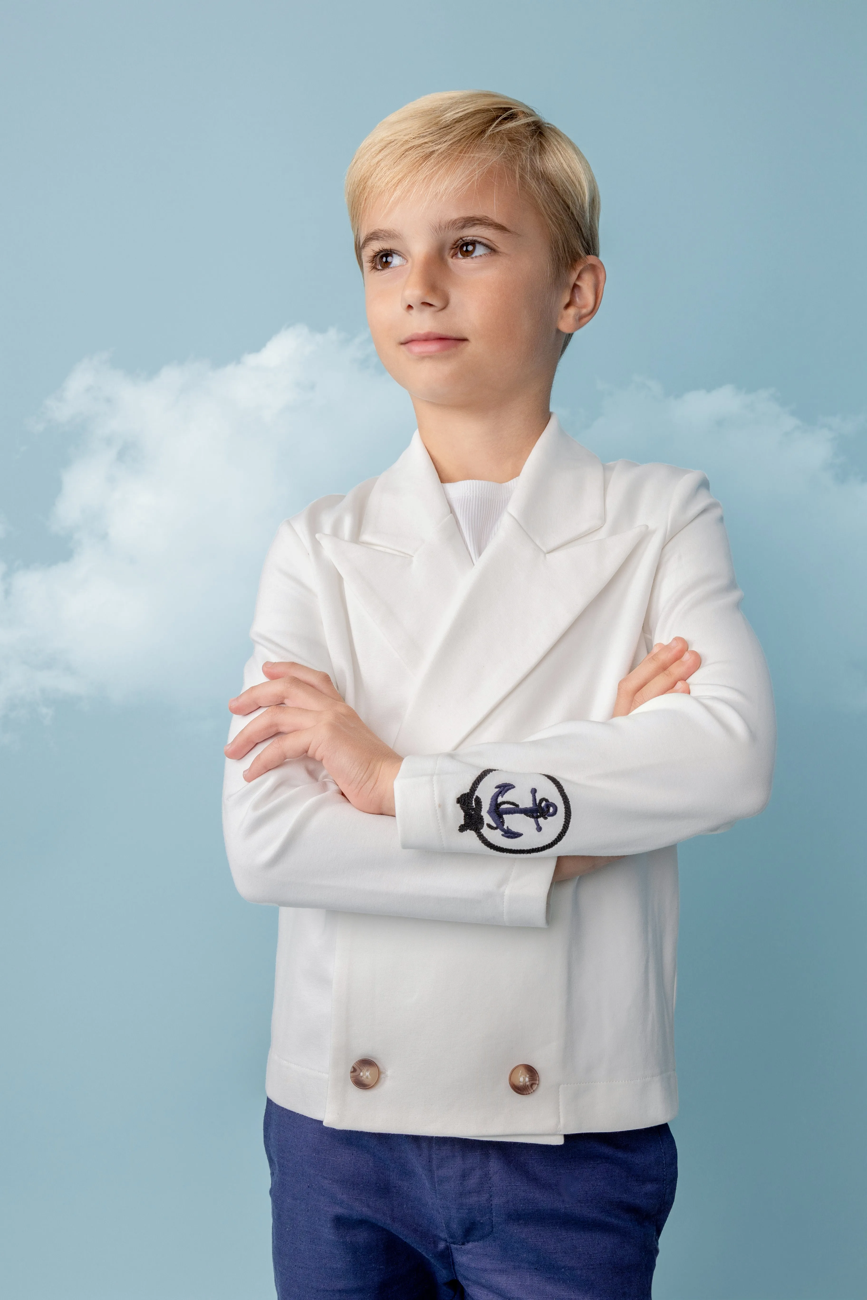 Belati Double Breasted Collared Jersey Jacket With Sailor Embroidery