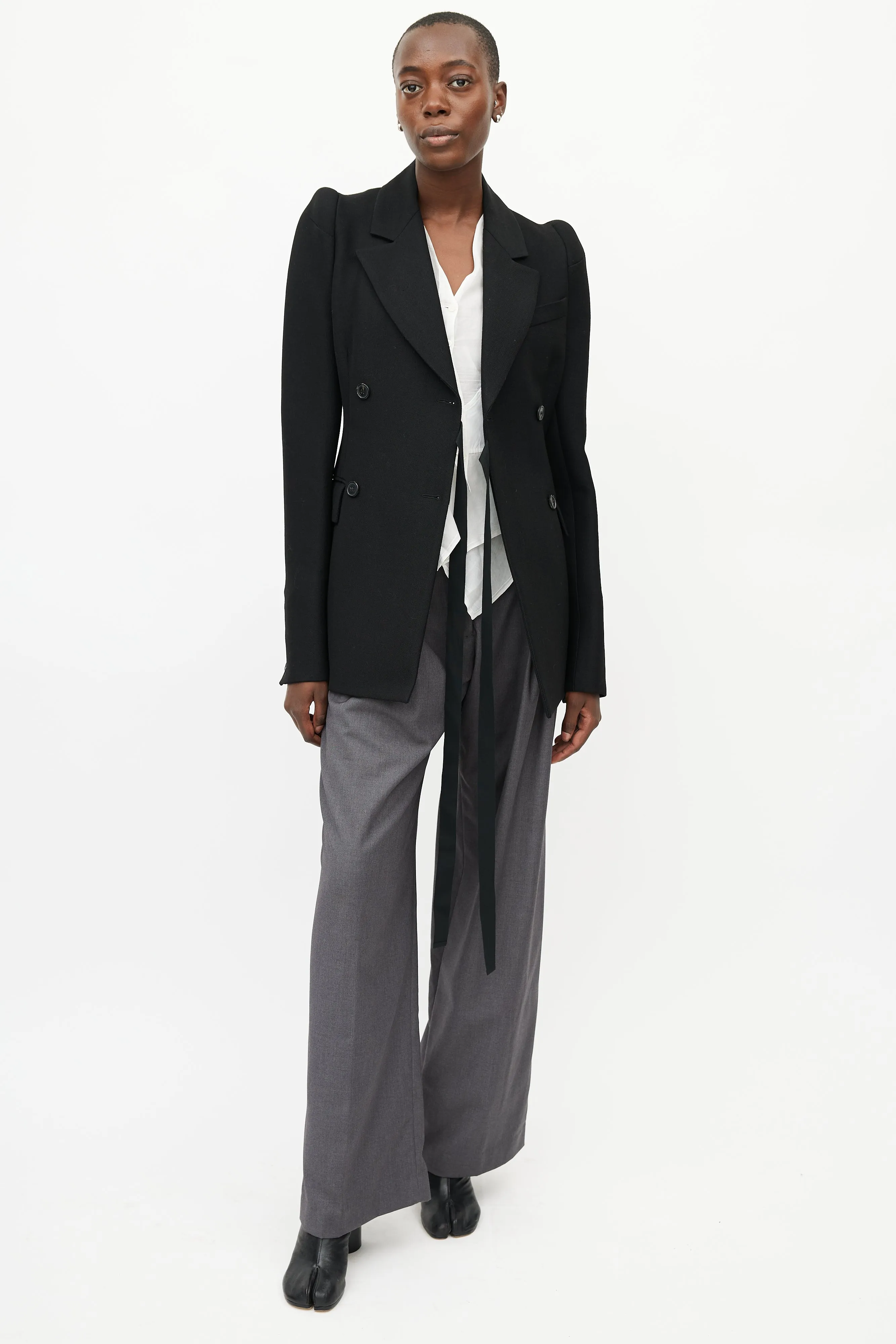 Black Double Breasted Cigarette Shoulder Blazer