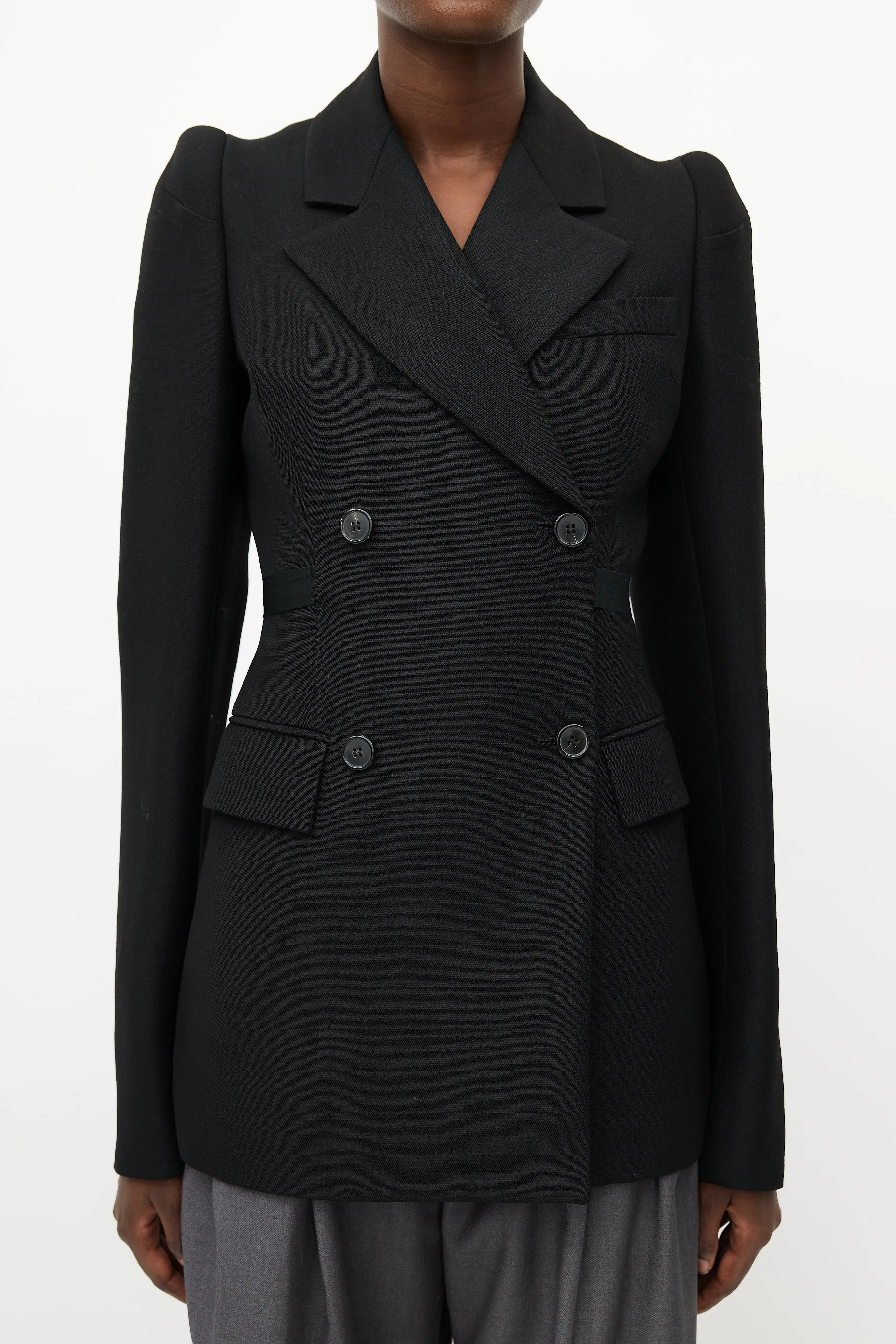 Black Double Breasted Cigarette Shoulder Blazer
