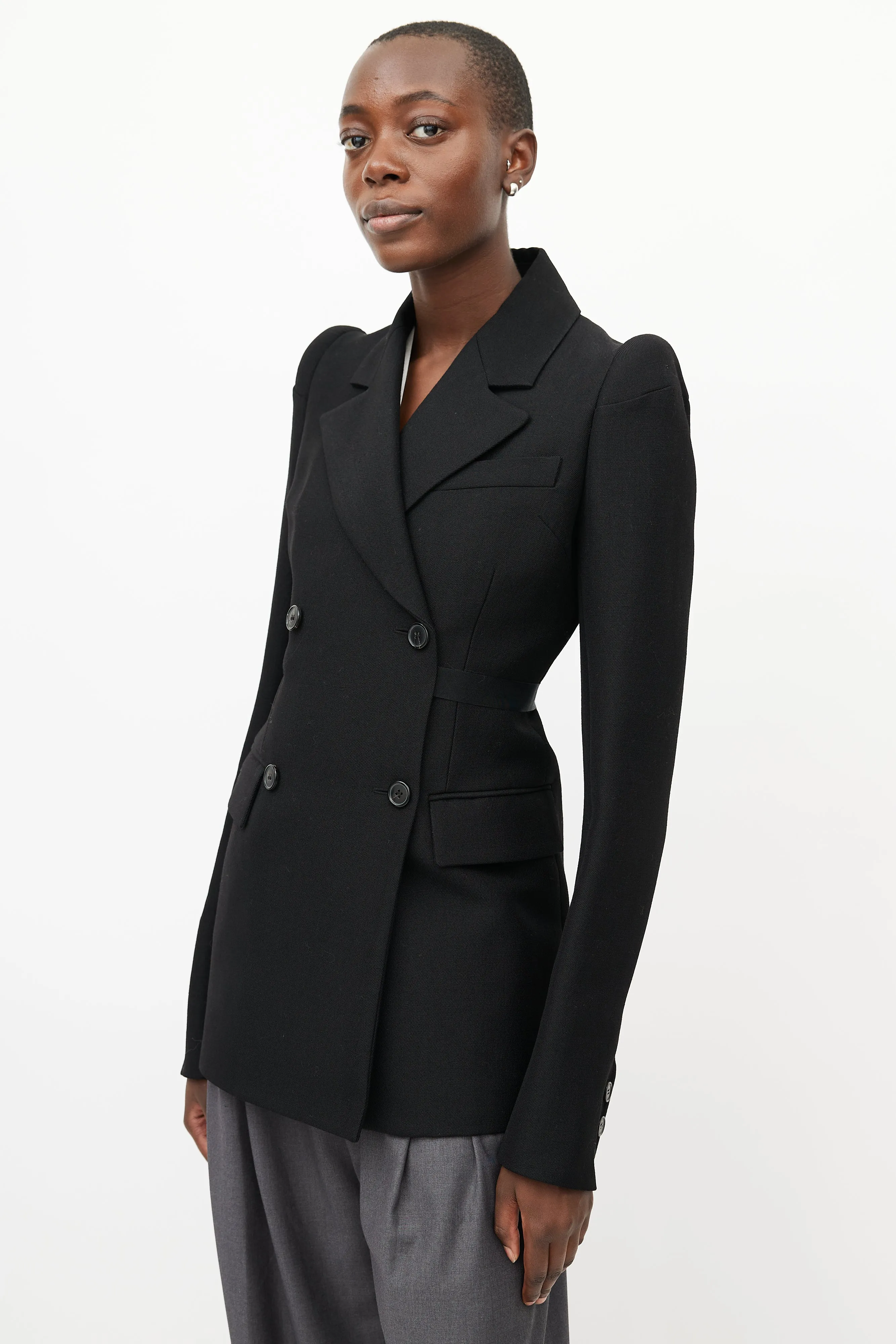Black Double Breasted Cigarette Shoulder Blazer