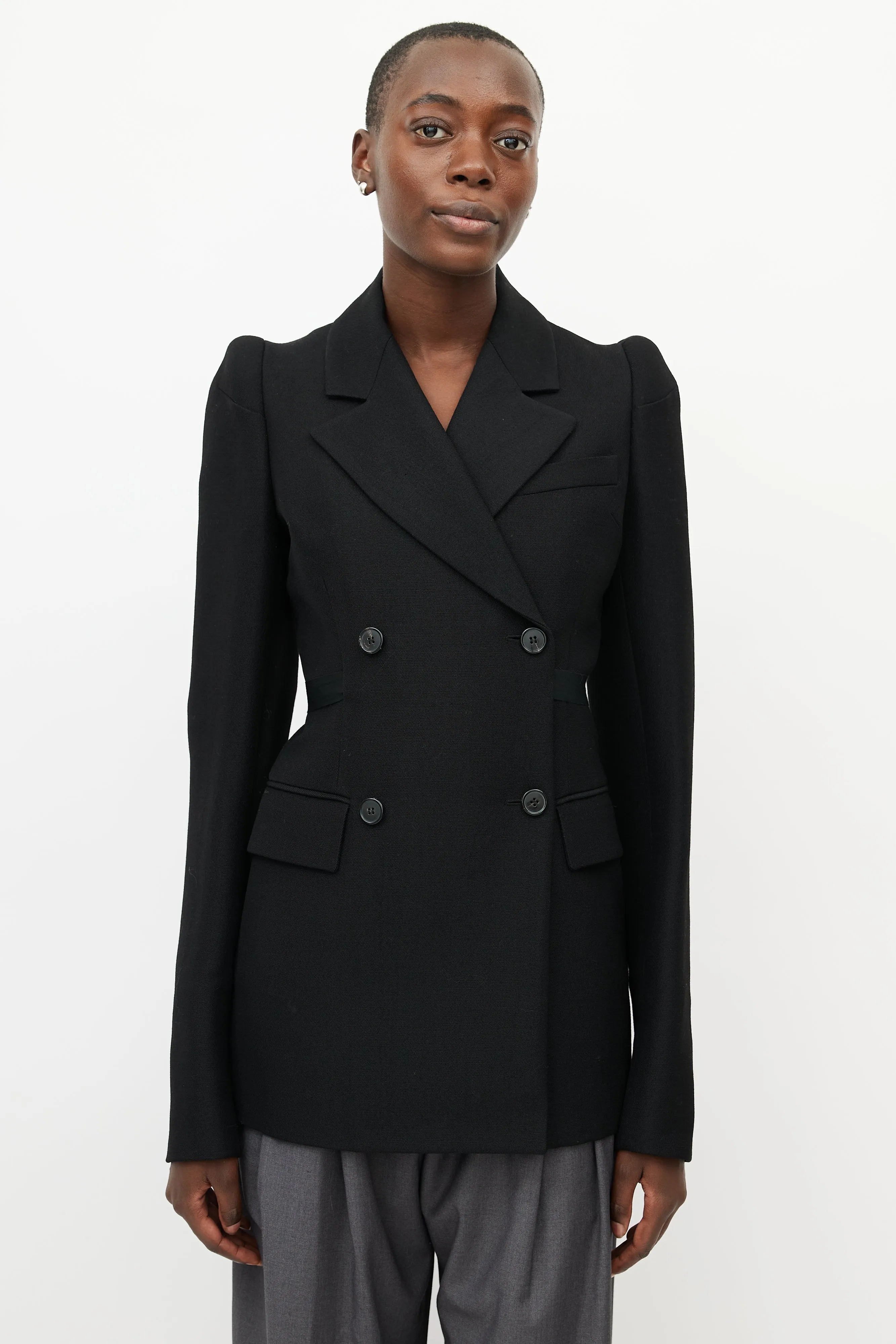 Black Double Breasted Cigarette Shoulder Blazer