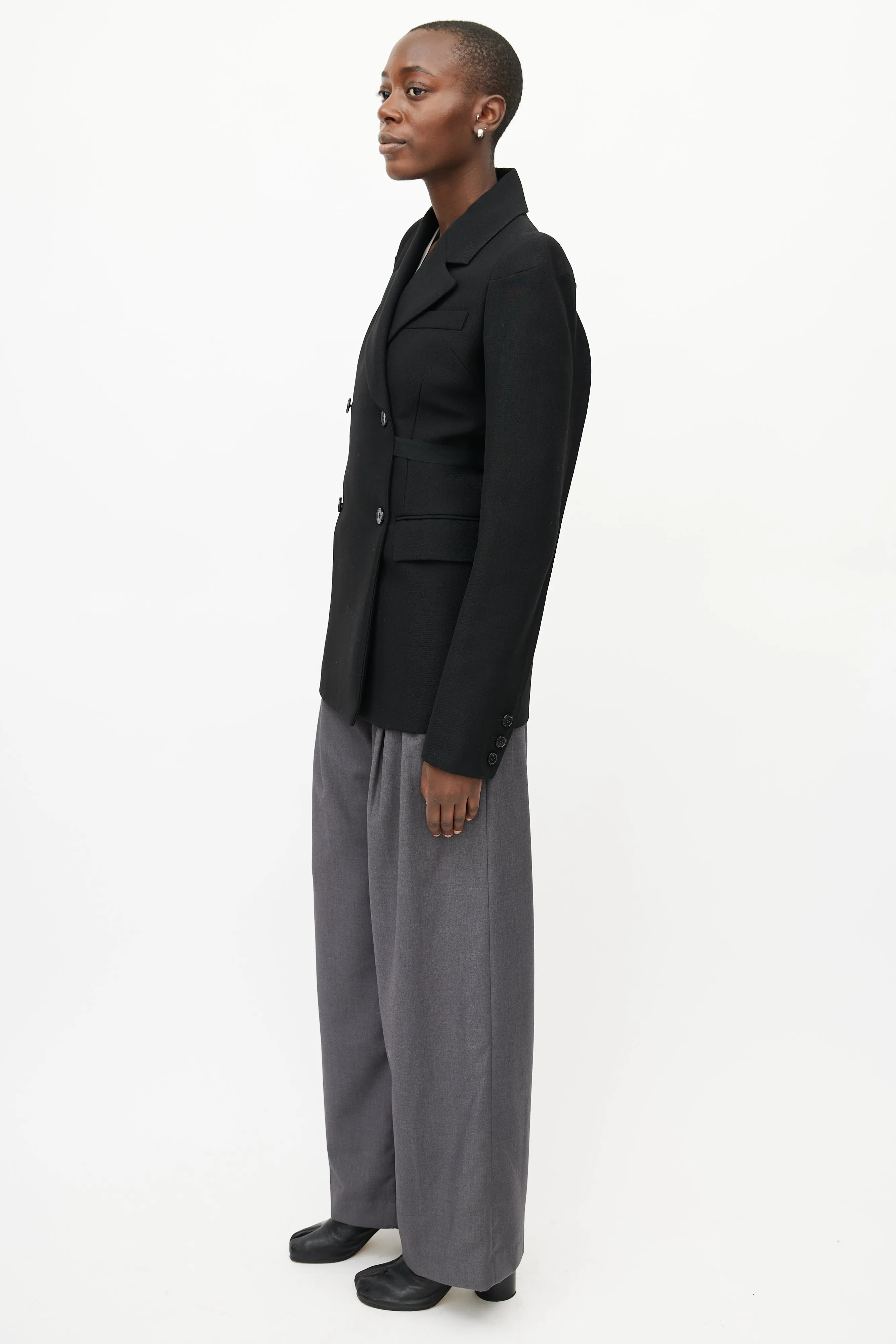 Black Double Breasted Cigarette Shoulder Blazer