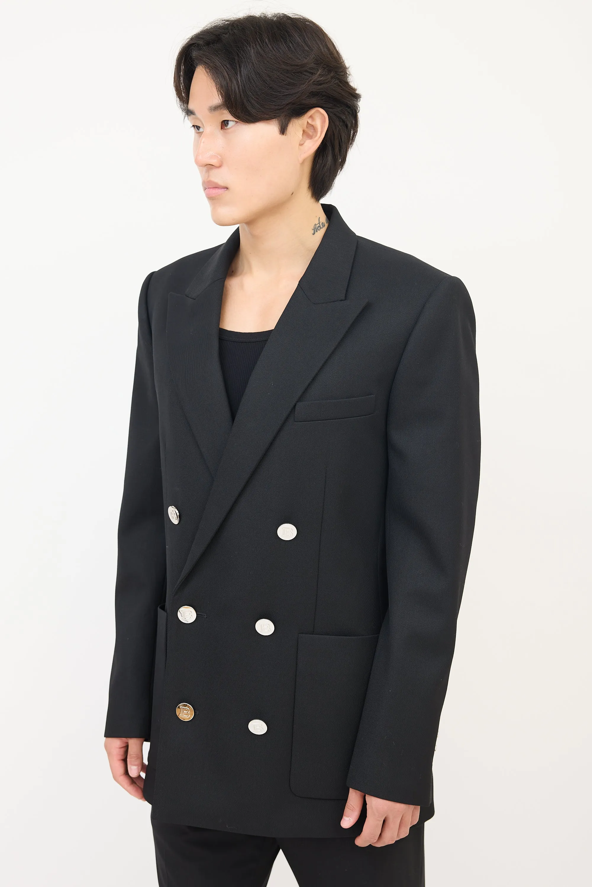 Black Wool Double Breasted Tuxedo Blazer