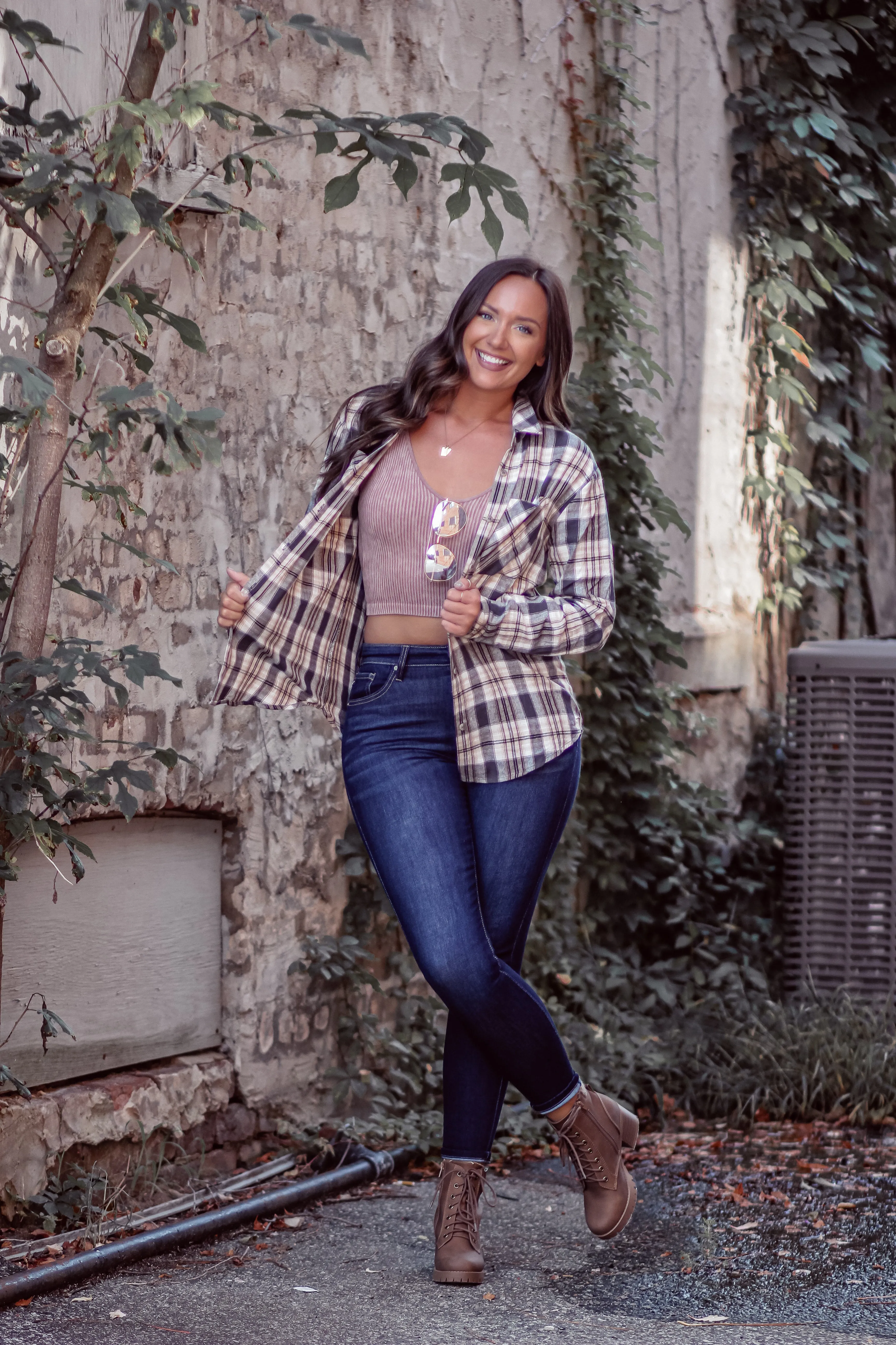 Charcoal & Tan Plaid Button Down Flannel Top