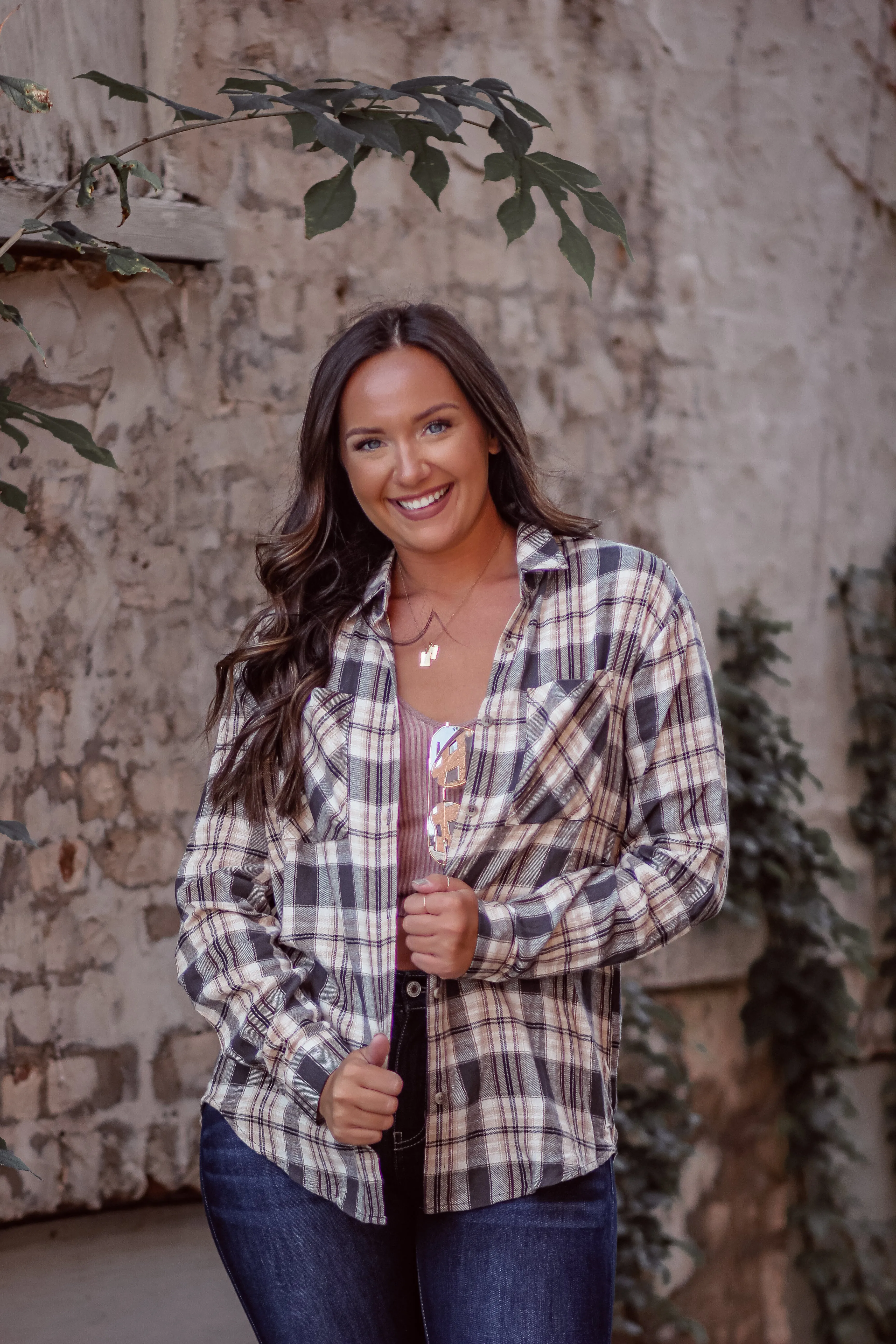 Charcoal & Tan Plaid Button Down Flannel Top