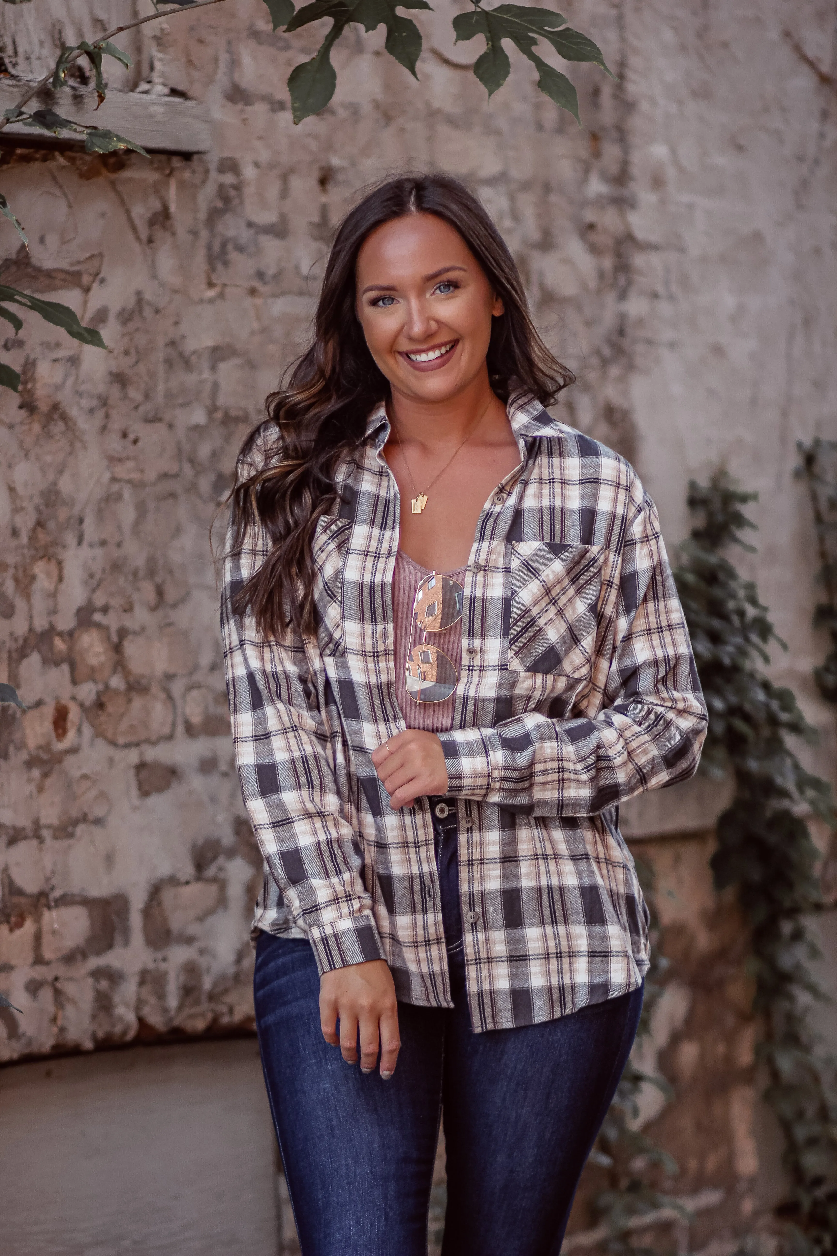 Charcoal & Tan Plaid Button Down Flannel Top
