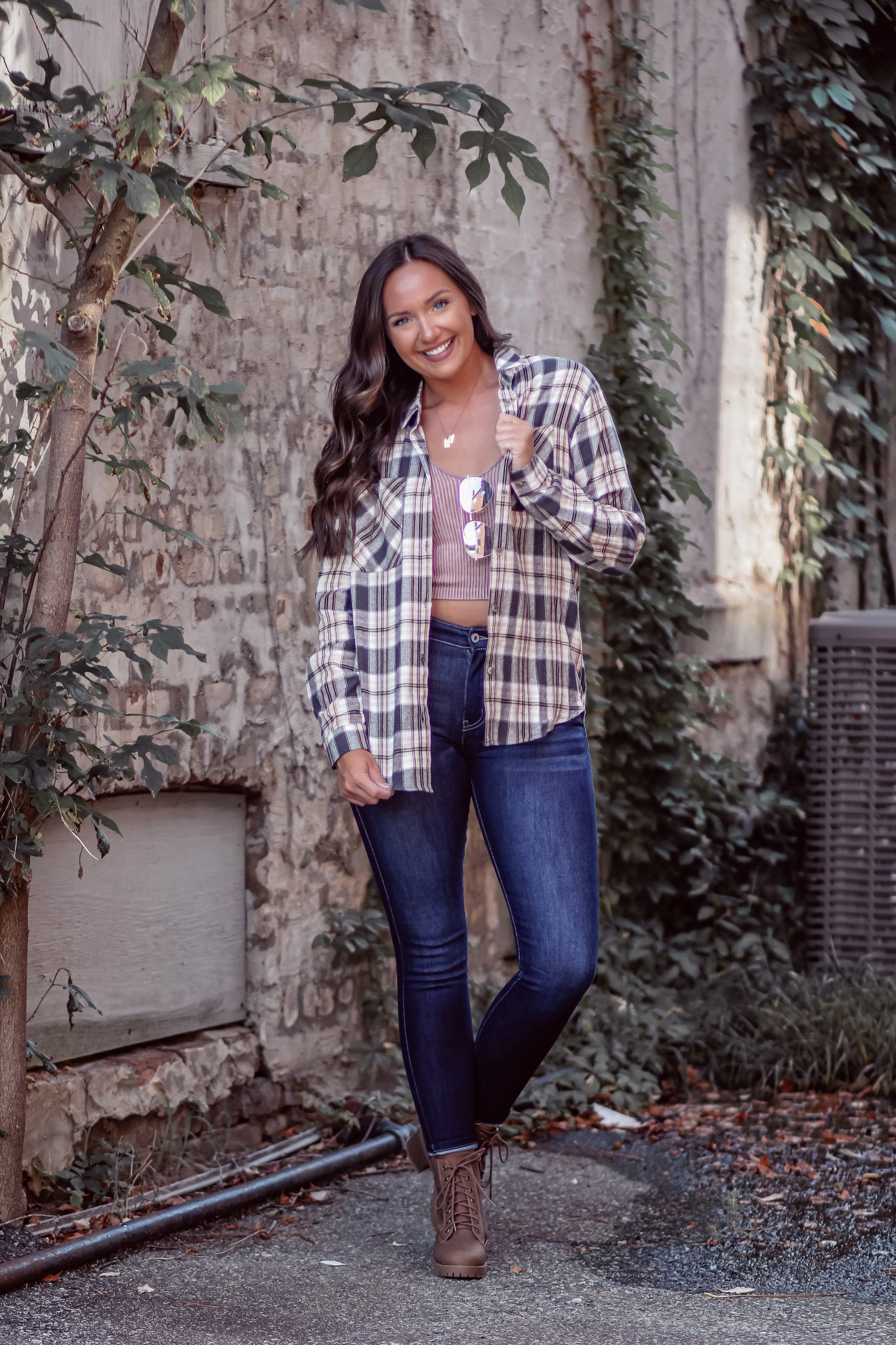 Charcoal & Tan Plaid Button Down Flannel Top