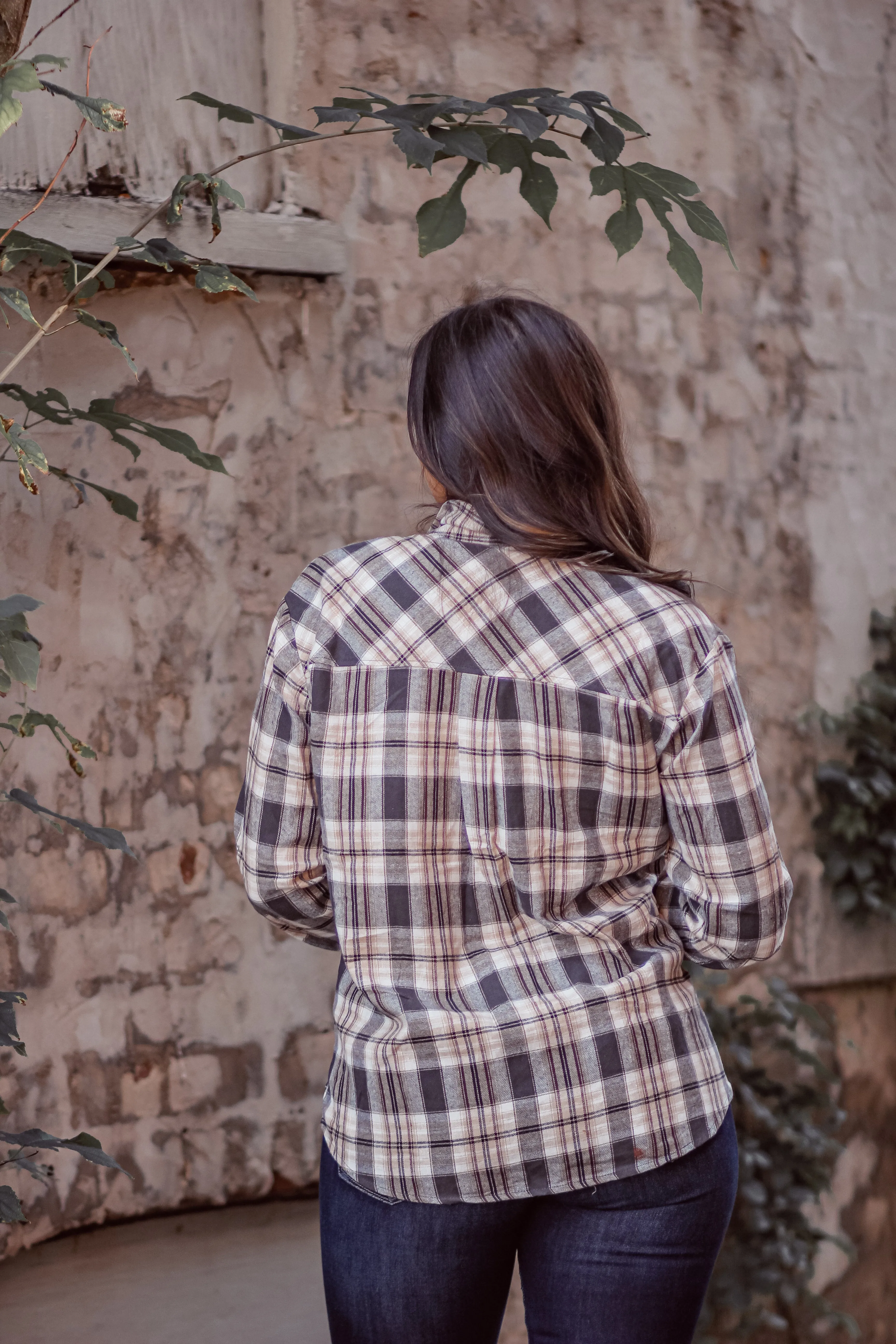 Charcoal & Tan Plaid Button Down Flannel Top