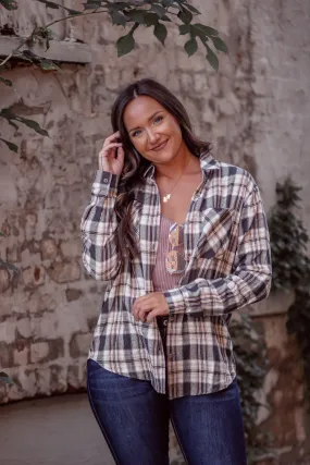Charcoal & Tan Plaid Button Down Flannel Top