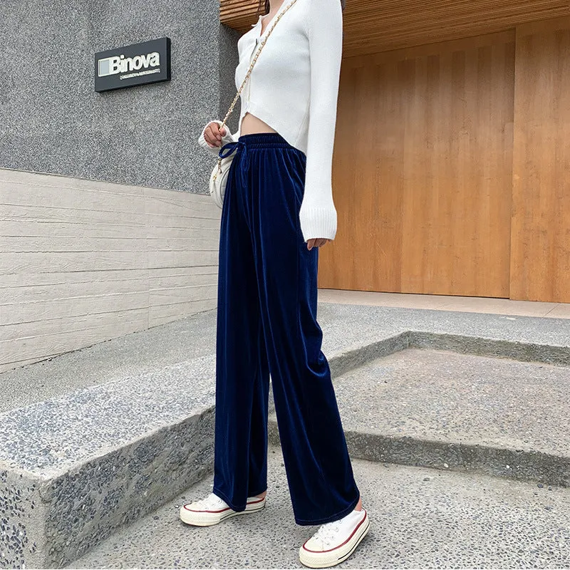 Drape Wide Leg Pants Women High Waist Floor Length Loose Drawstring Straight Casual Pants