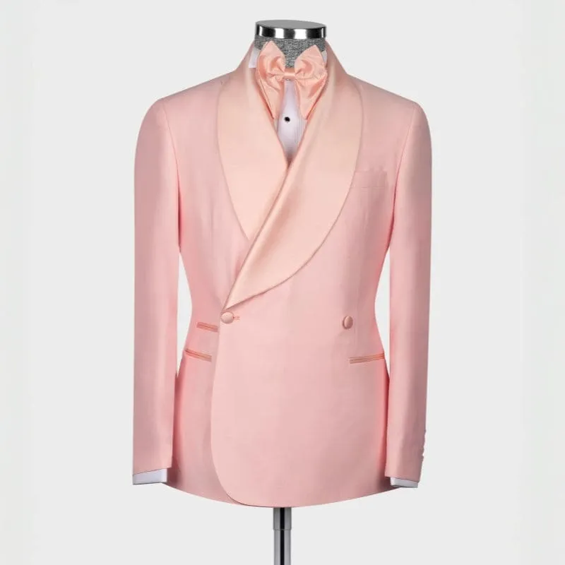 Elegant Candy Pink Shawl Lapel Double Breasted Wedding Suits Blazers Pants Wedding Party Wear Prom