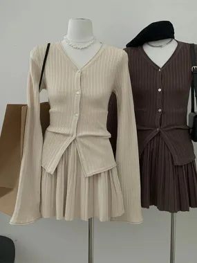 Girlary Spring Women Solid Color Vintage Knitted 2 Pieces Outfit V-neck Simple Single Breasted Blouses A-line Short Pleated Skirts