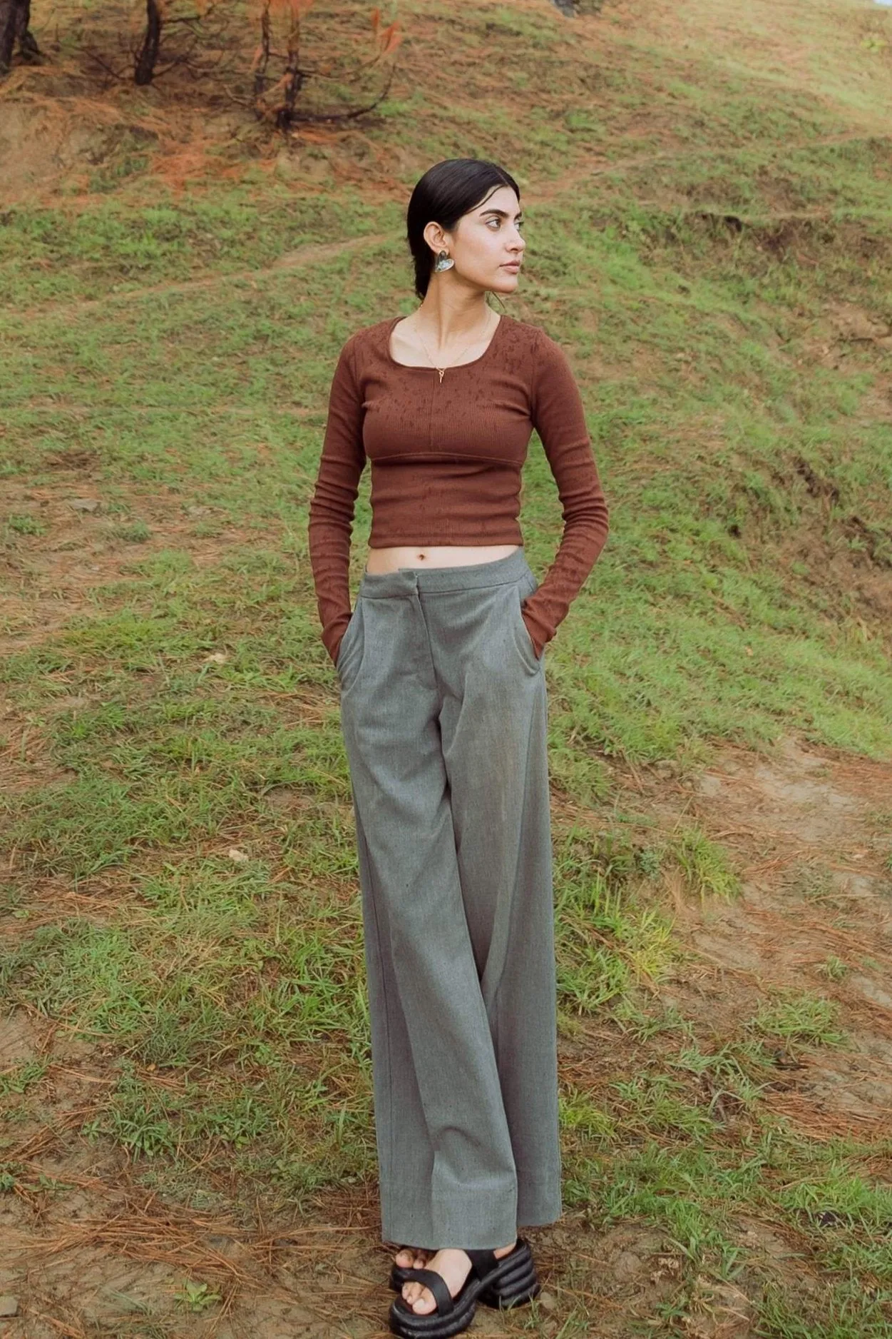 Grey Full Length Straight Pants