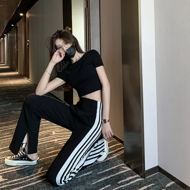 Korean Black Straight Jeans Striped Pants Casual Loose Drape Splitted Wide Leg Women Pants