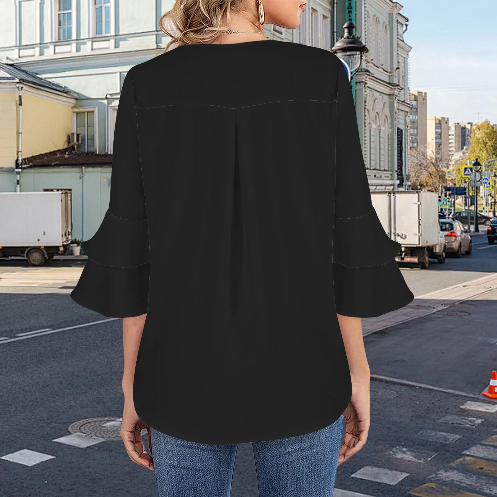 Layered Flare Sleeve Blouse Black