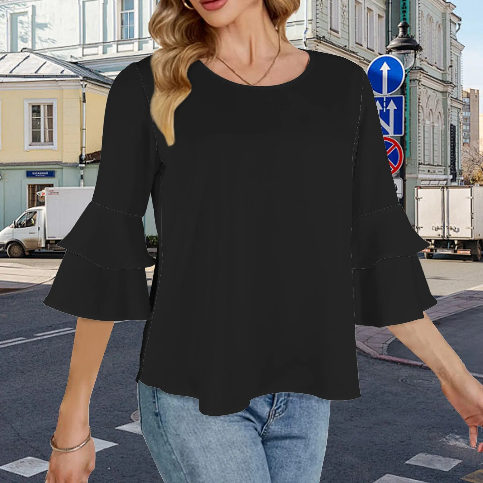 Layered Flare Sleeve Blouse Black