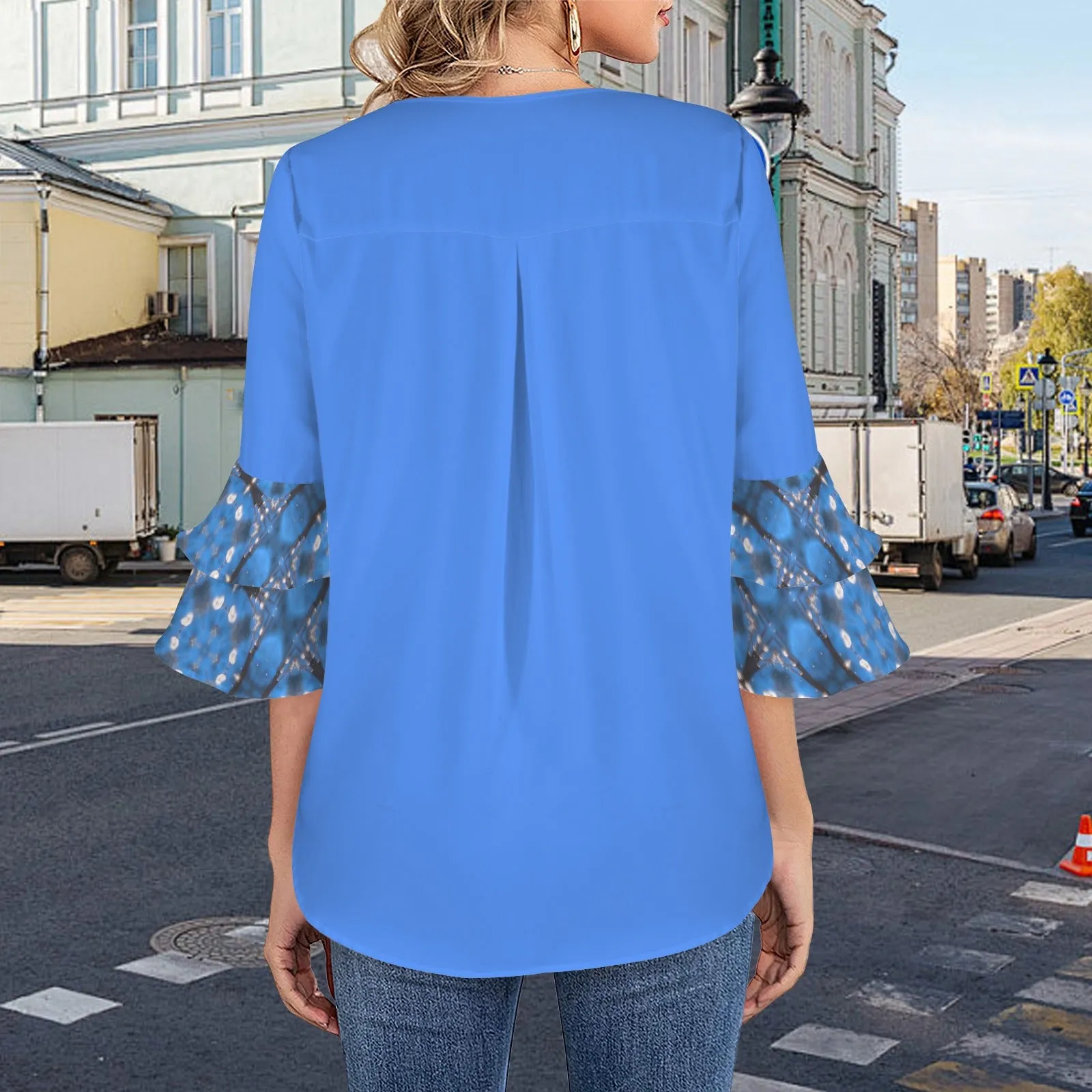Layered Flare Sleeve Blouse Blue Tartan Plaid
