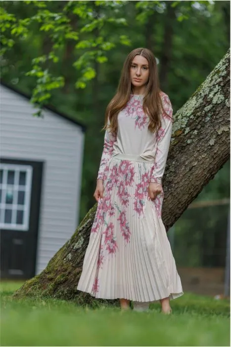 Pink Floral Accordion Pleated Skirt 4677