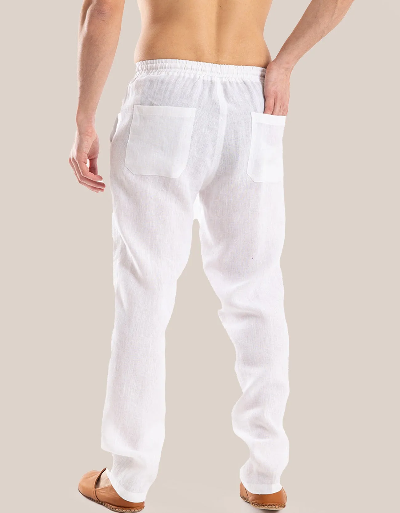 Straight leg linen pants with elastic waistline