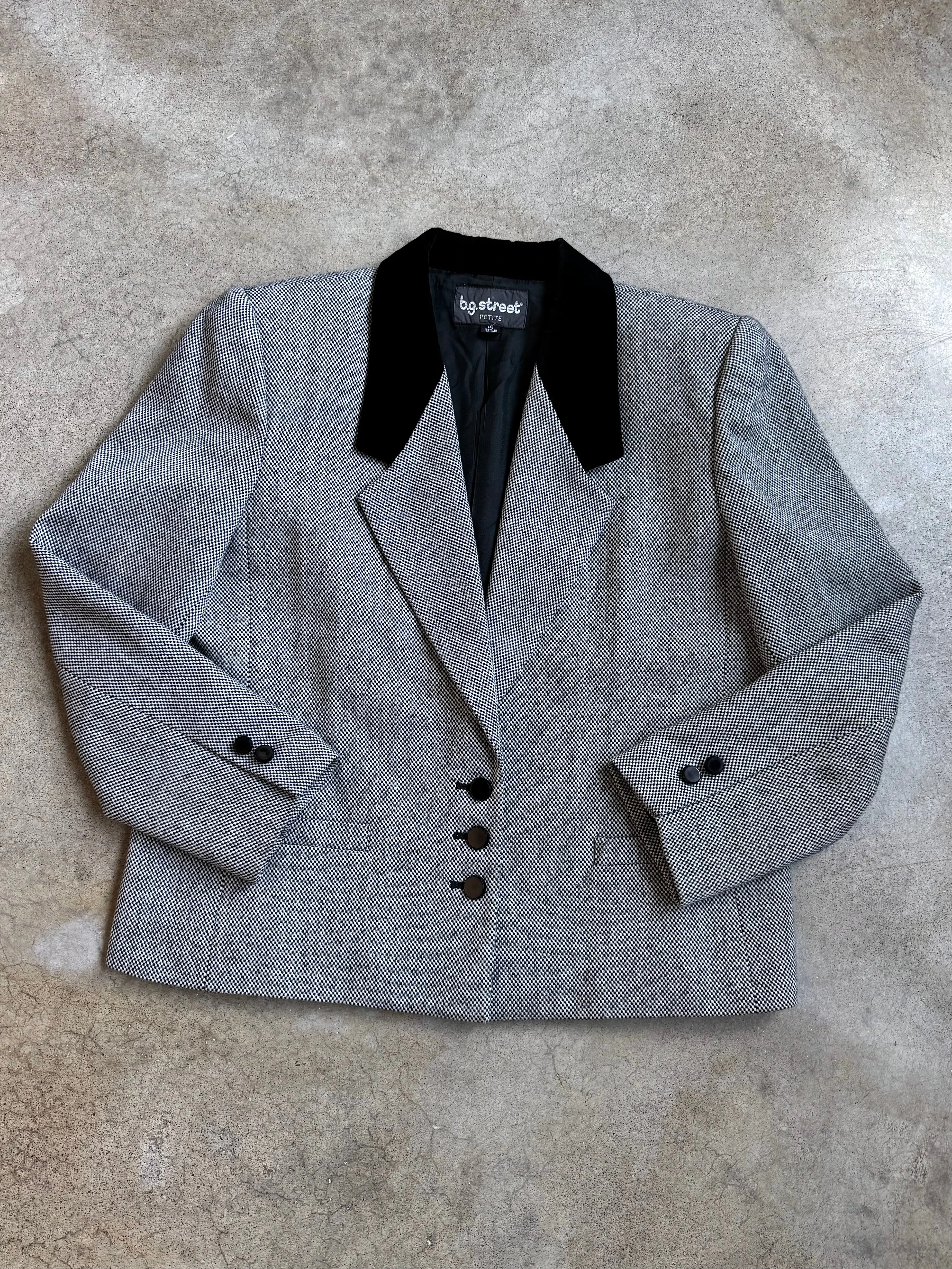 Vintage Velvet Collar Check Woven Wool Blazer (L)