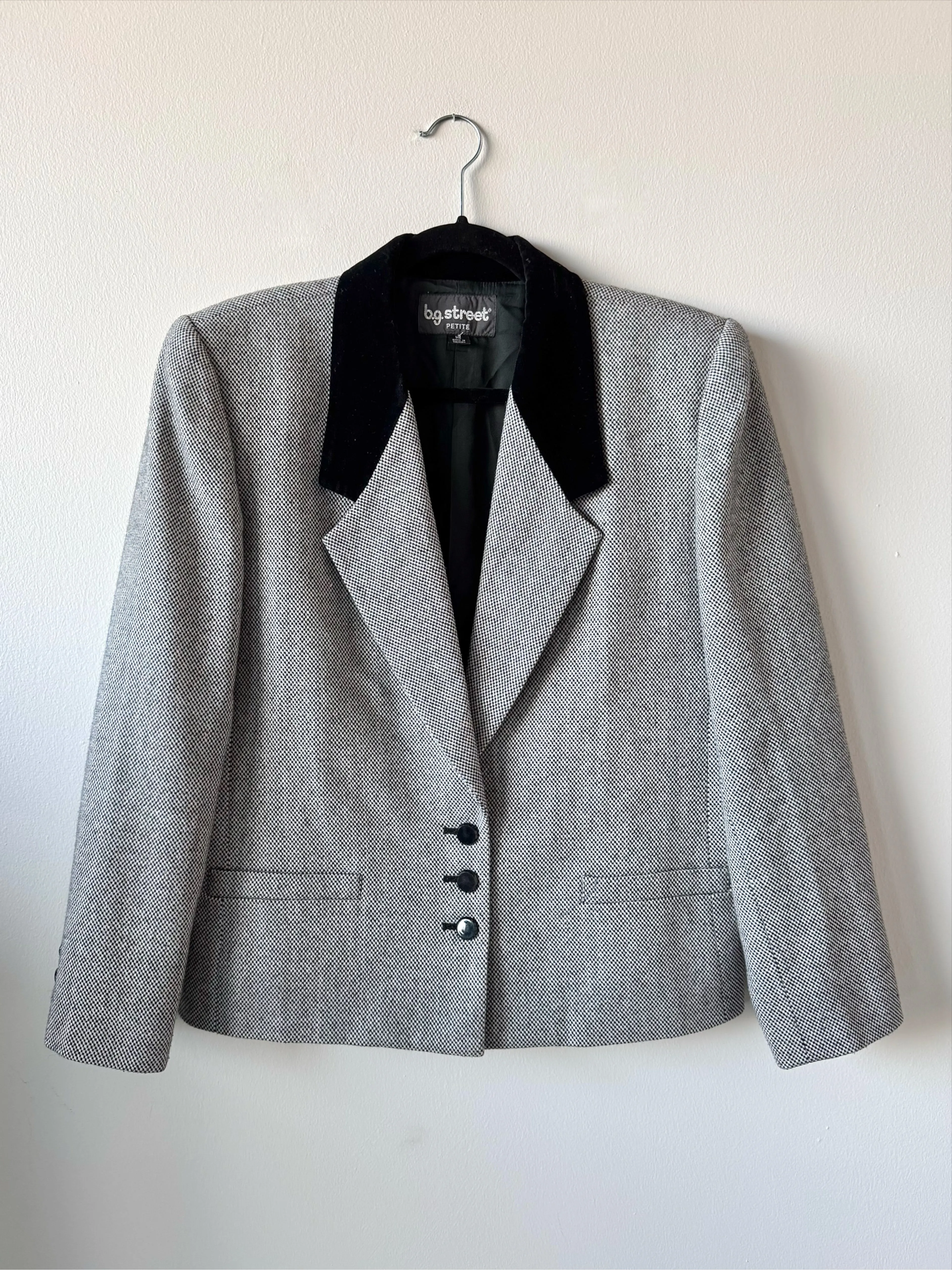 Vintage Velvet Collar Check Woven Wool Blazer (L)