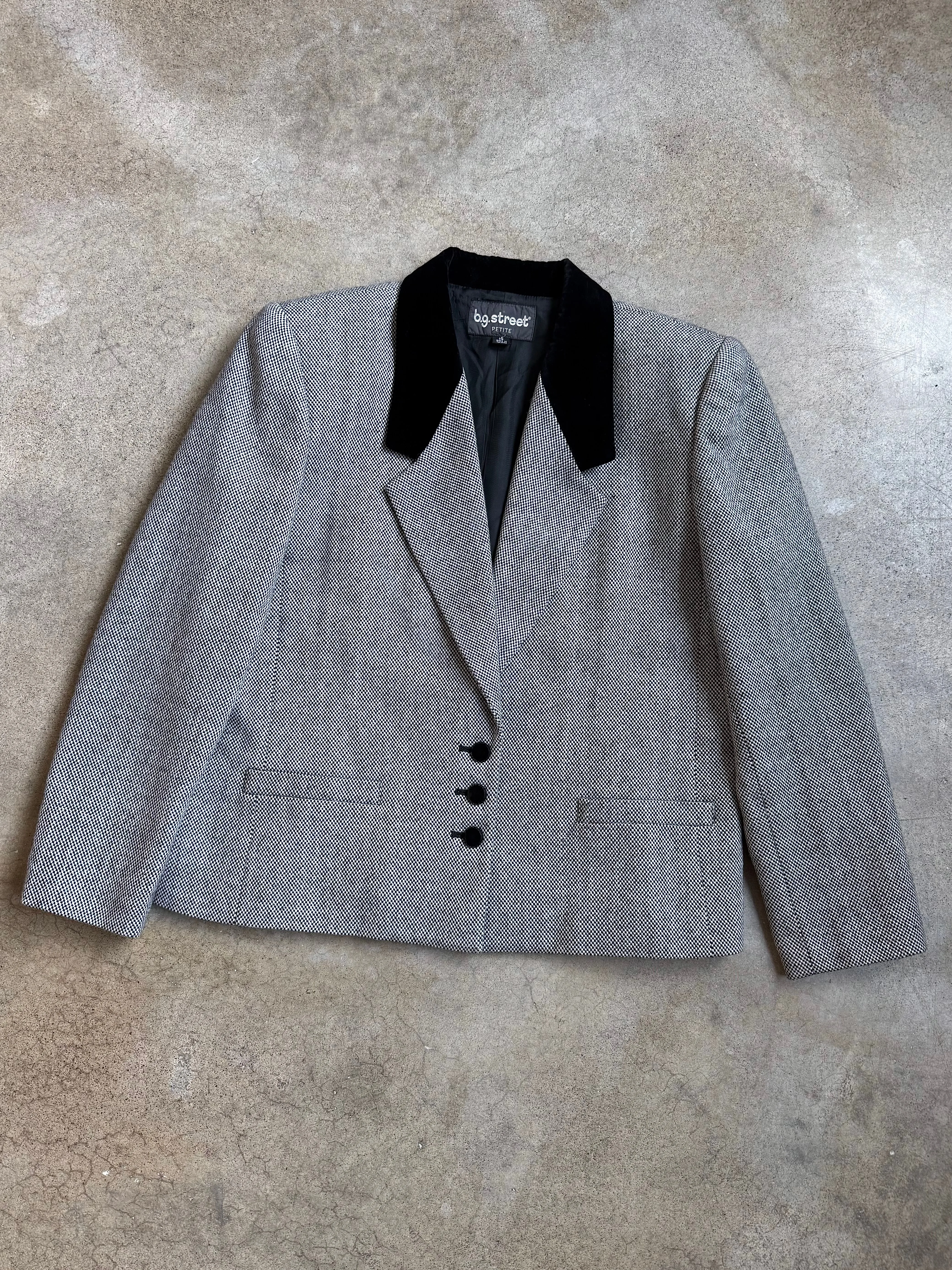 Vintage Velvet Collar Check Woven Wool Blazer (L)