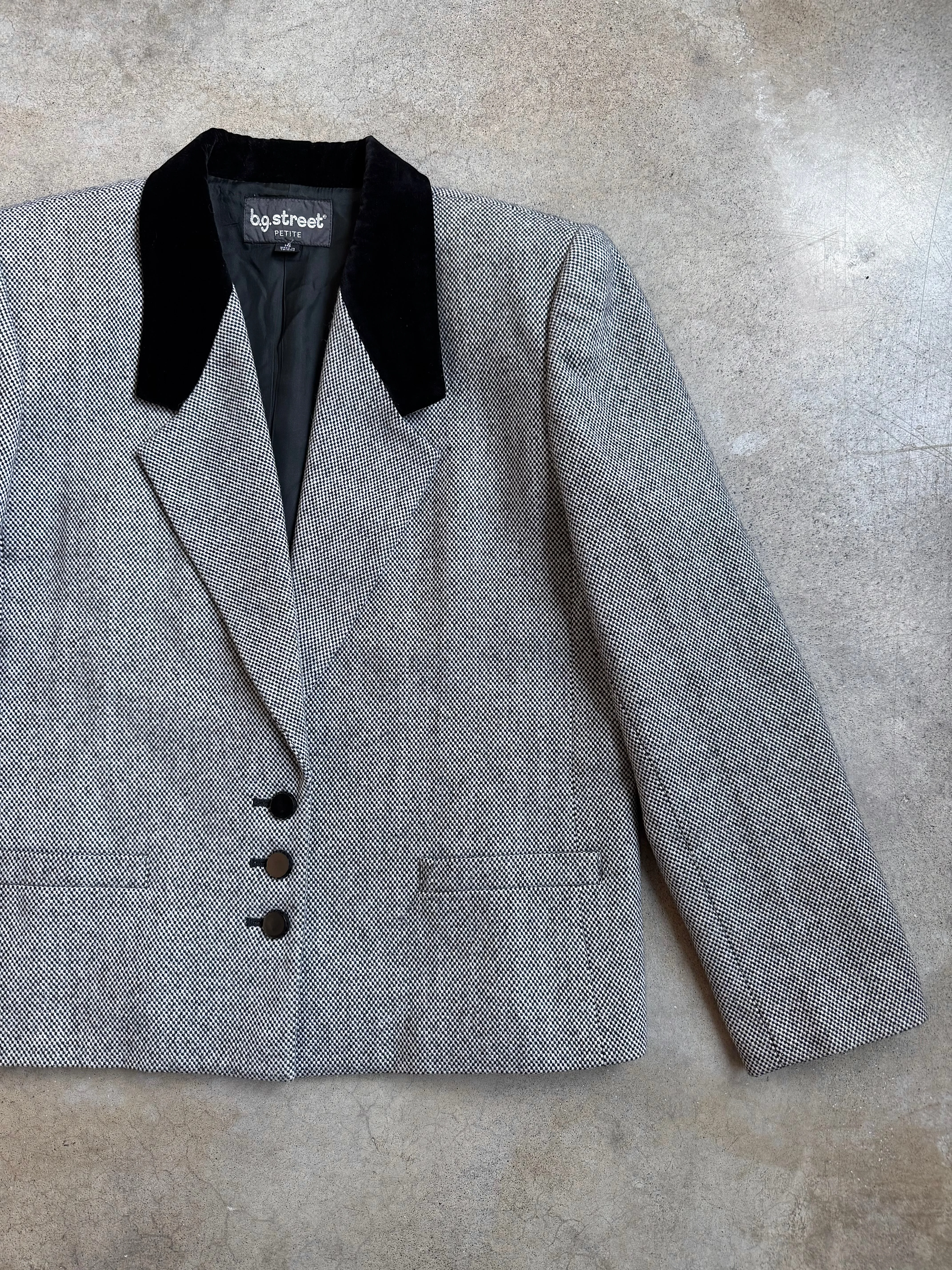 Vintage Velvet Collar Check Woven Wool Blazer (L)